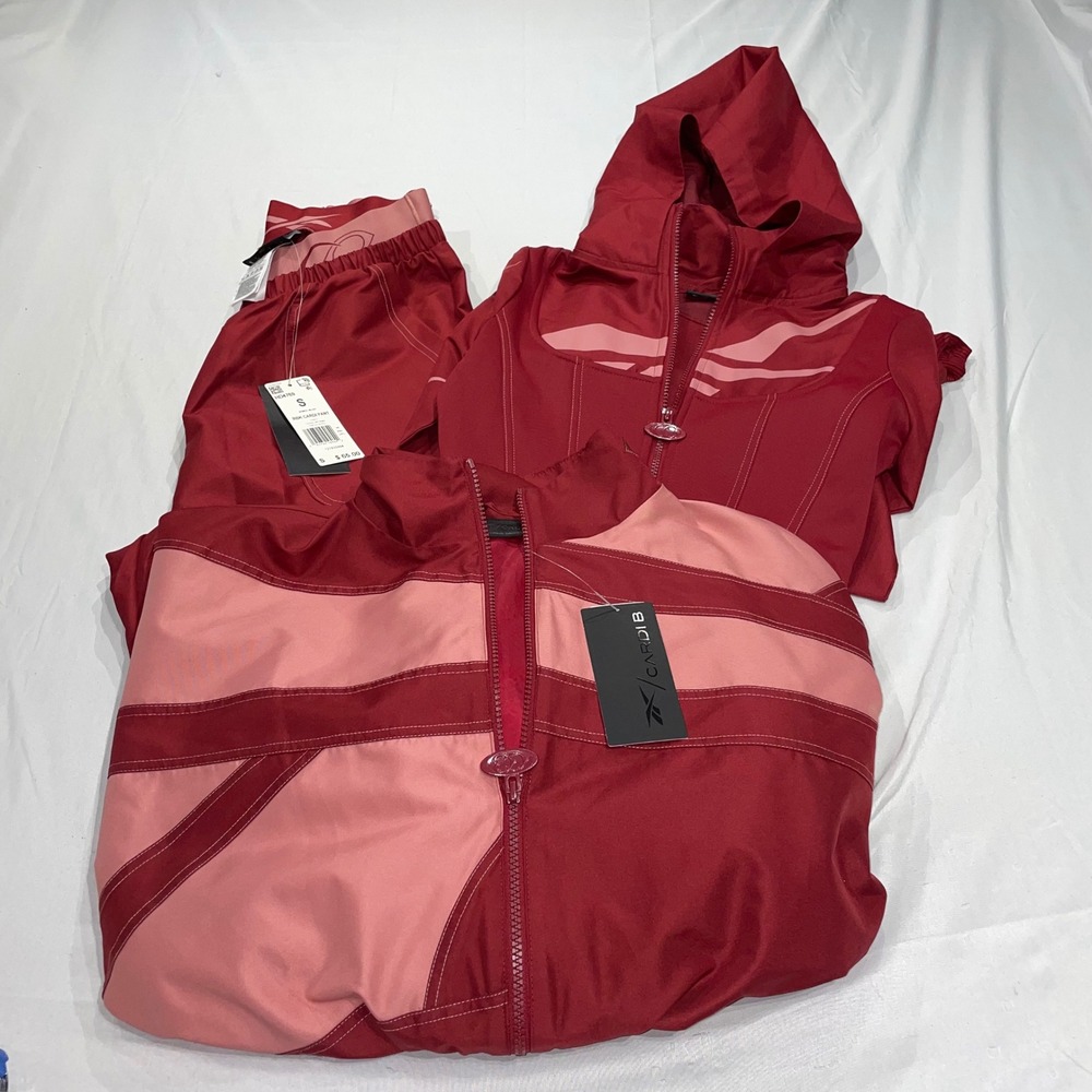 Reebok x Cardi B Red Pink Woven Track Jacket & Corset Hoodie Set HD4776 Womens S